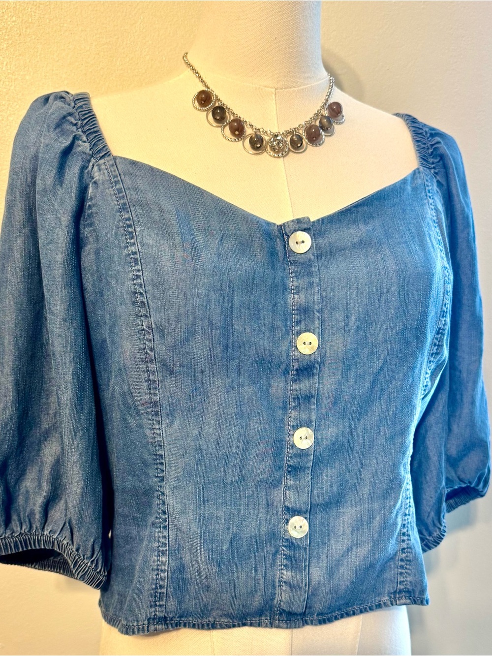 Express Indigo Denim Button-Front Puff Sleeve Top